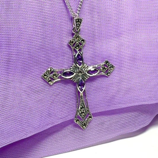 Large real amethyst cross with real marcasite and chain sterling silver