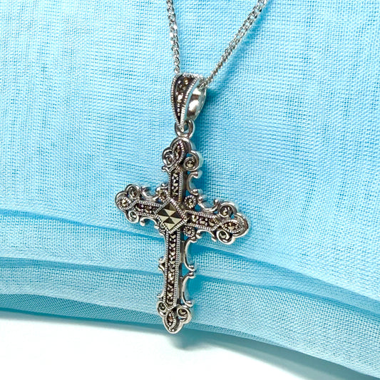 Large real marcasite cross and chain sterling silver