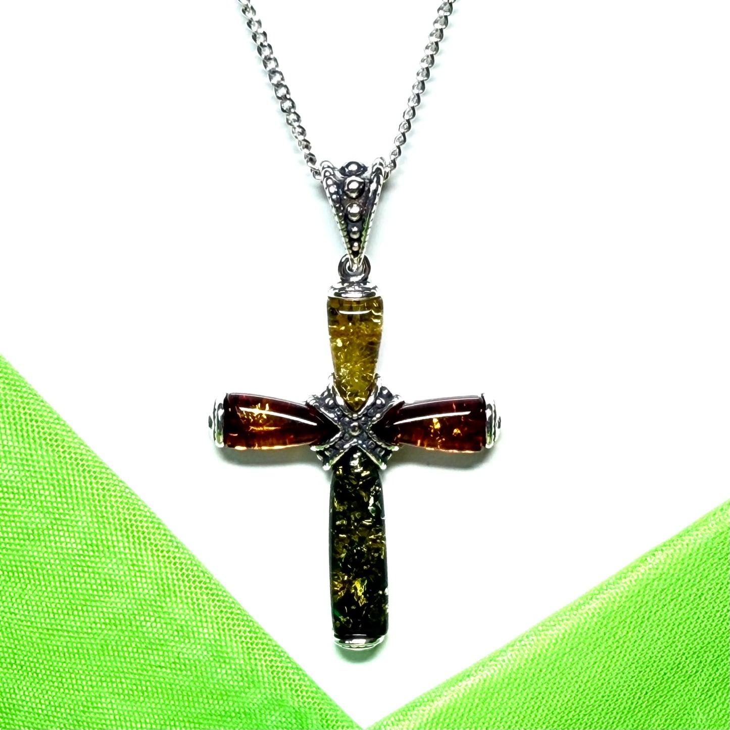 Real large multi coloured amber cross necklace sterling silver