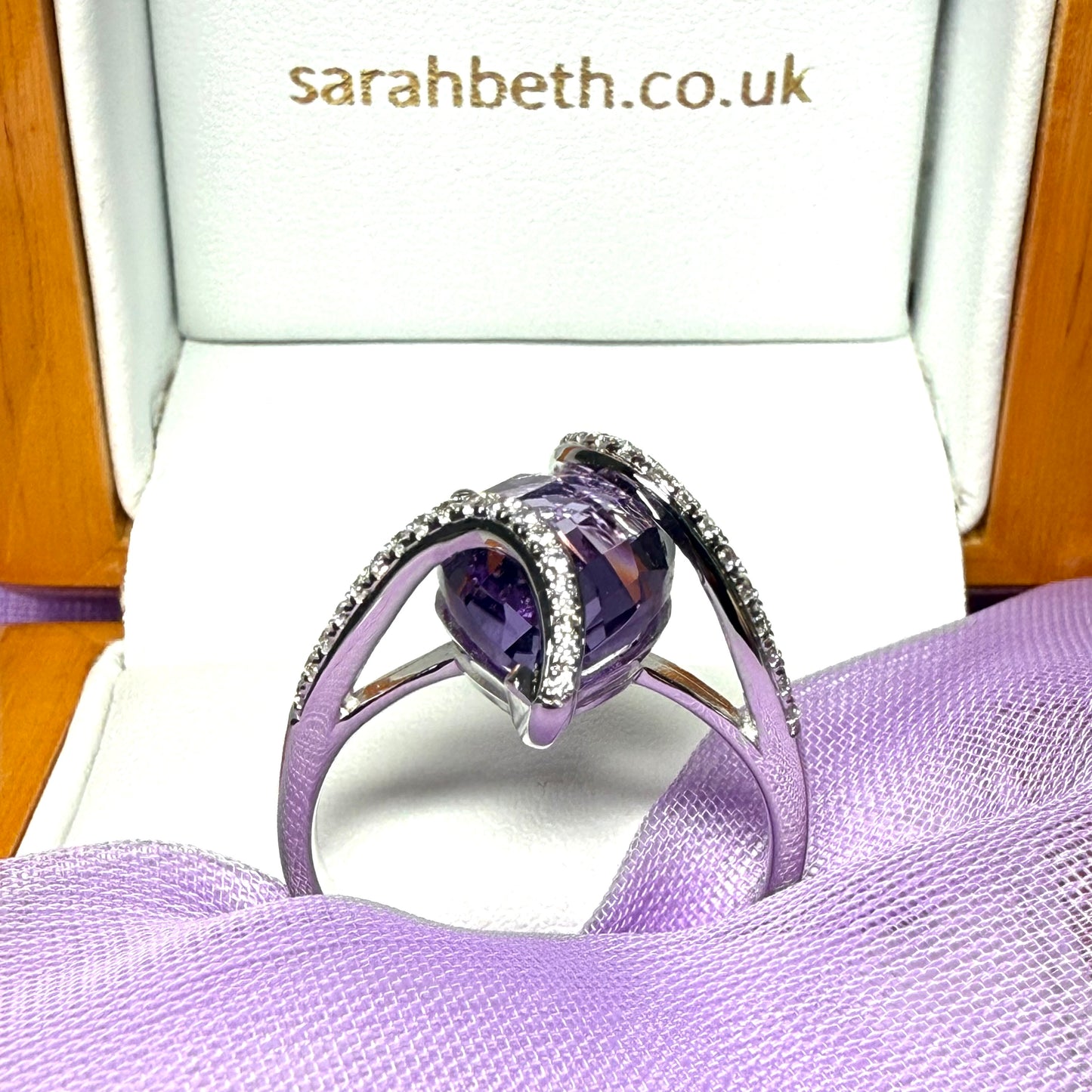 Real large purple amethyst and cubic zirconia pear shaped teardrop cluster ring sterling silver