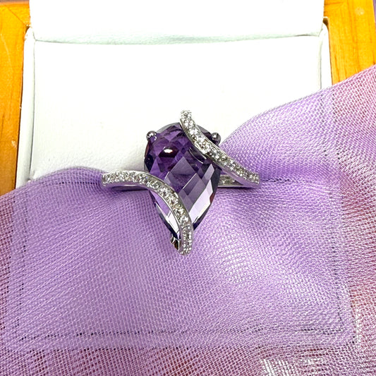 Real large purple amethyst and cubic zirconia pear shaped teardrop cluster ring sterling silver