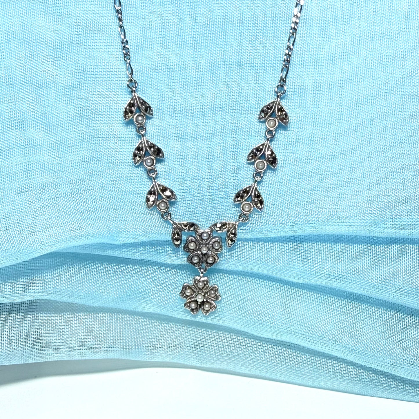 Real marcasite and real freshwater pearl flower shaped necklace sterling silver