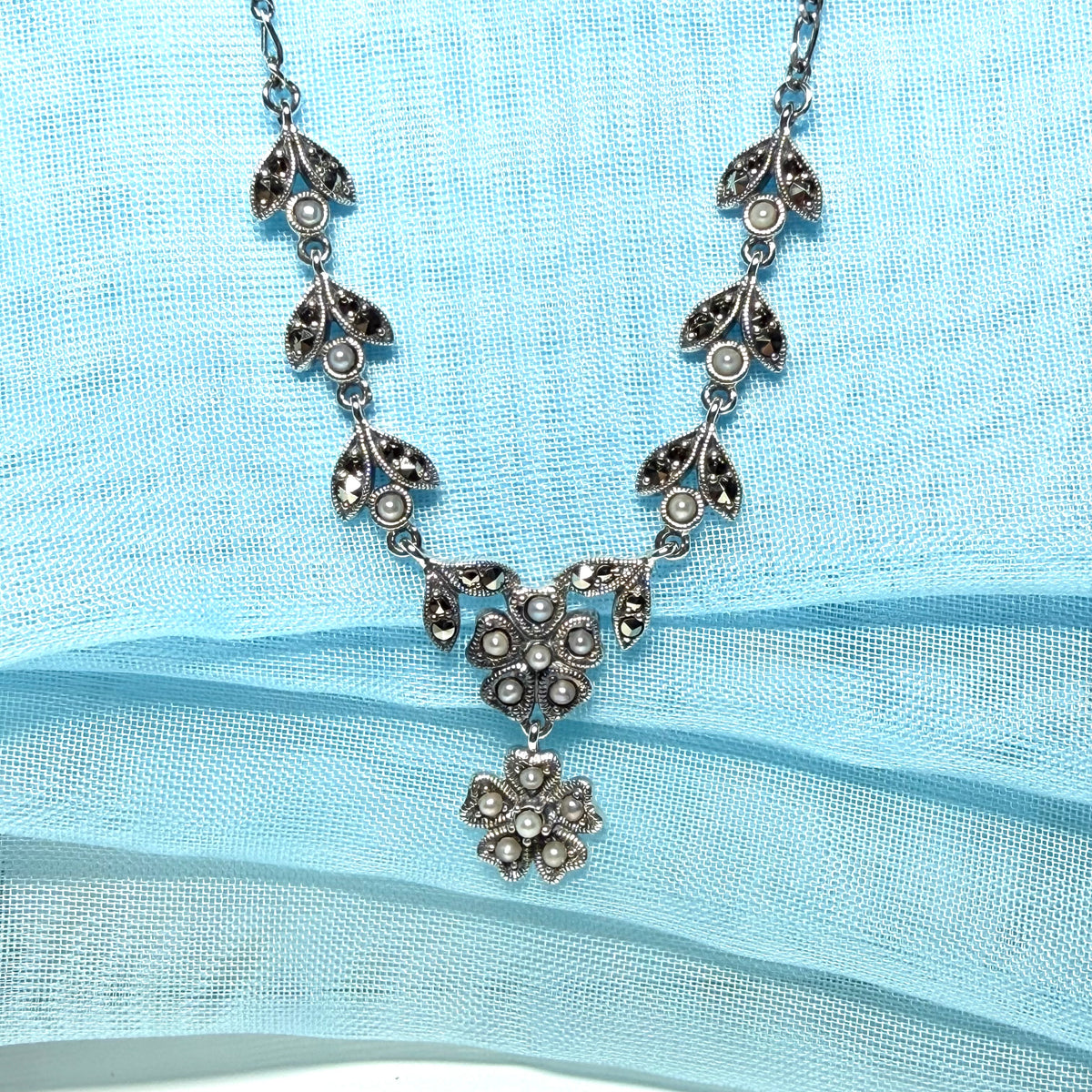 Real marcasite and real freshwater pearl flower shaped necklace sterling silver