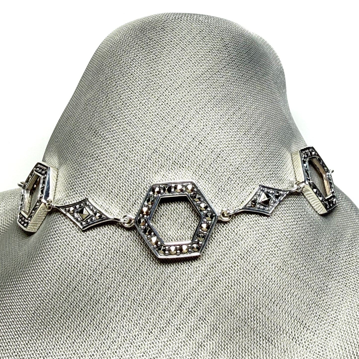 Marcasite bracelet sterling silver ladies open hexagonal fancy link