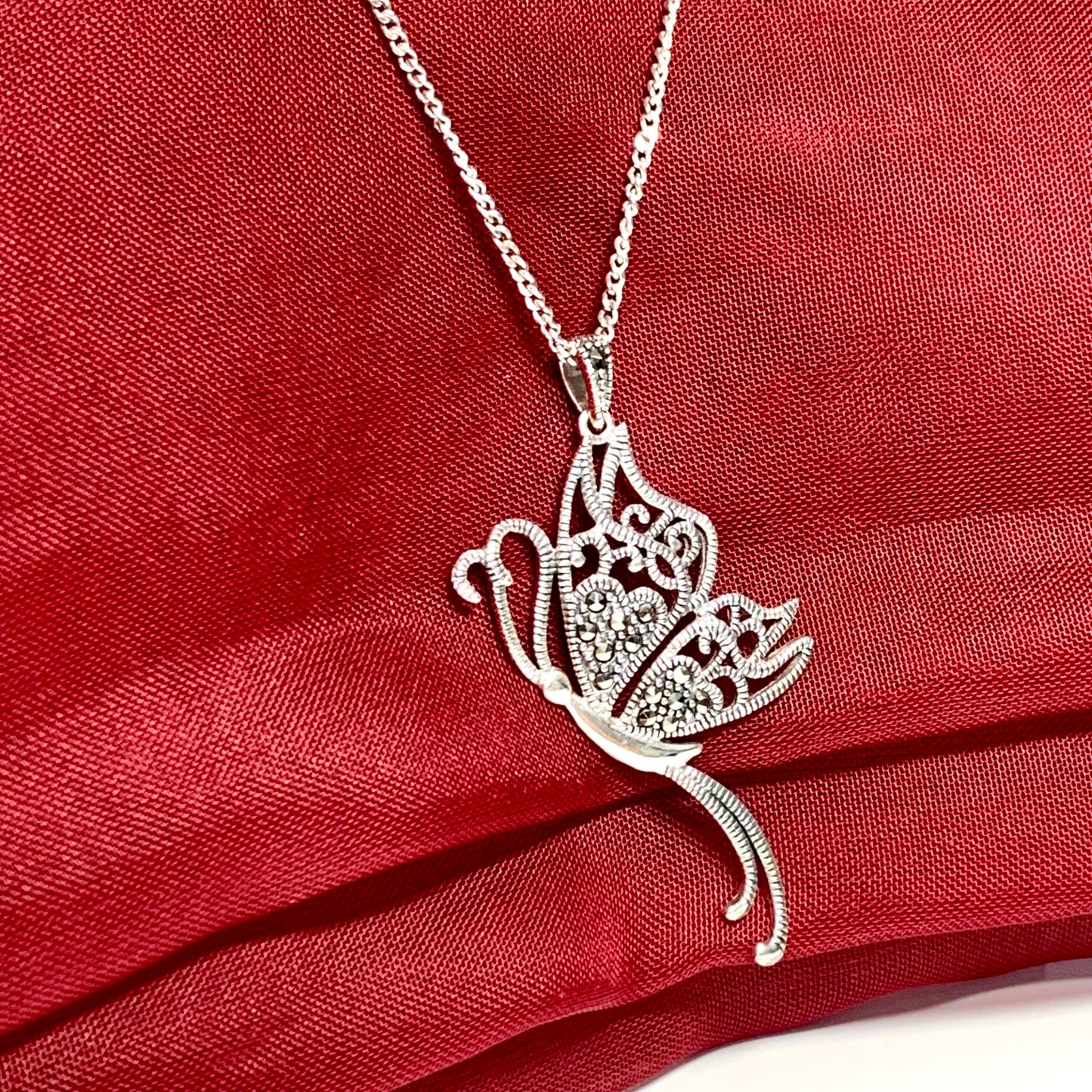 Real marcasite large butterfly shaped drop necklace sterling silver pendant