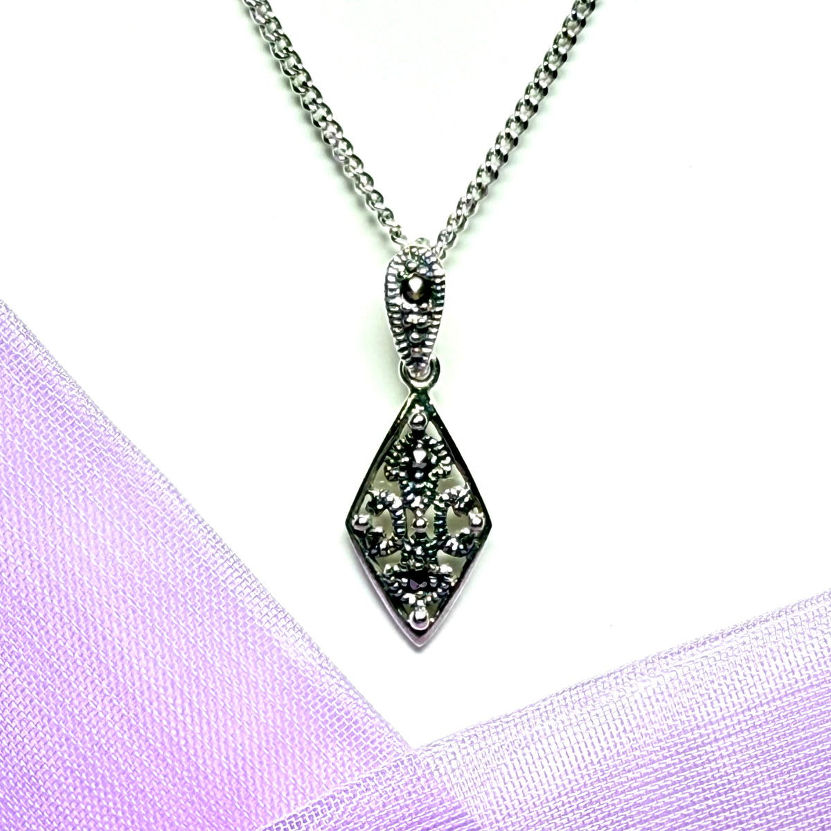 Real marcasite small delicate kite shaped necklace sterling silver pendant including a chain