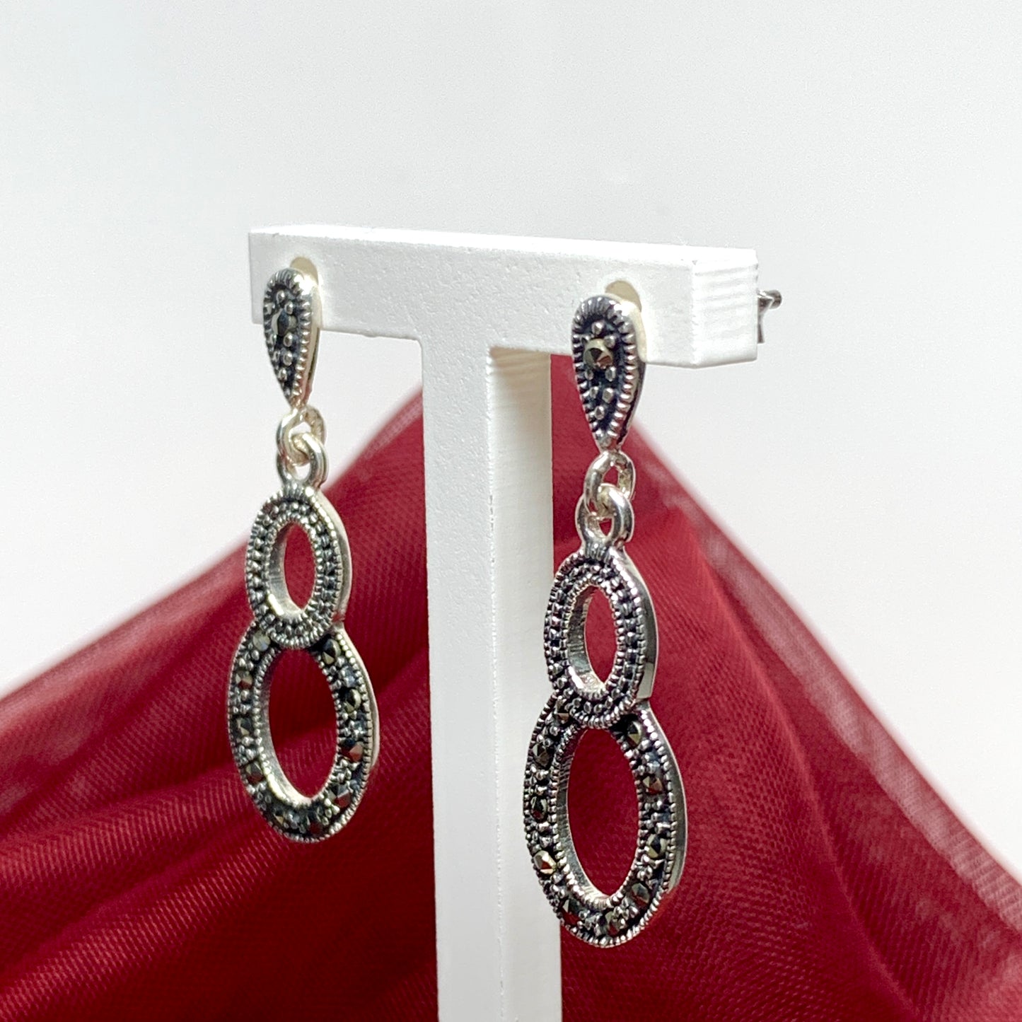 Real marcasite drop earrings sterling silver oval shaped