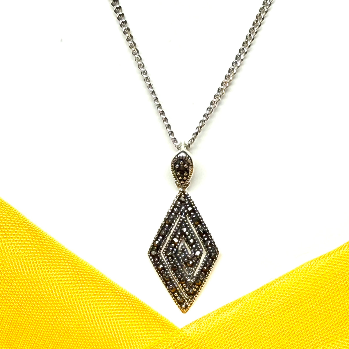 Real marcasite kite shaped necklace sterling silver pendant including a chain