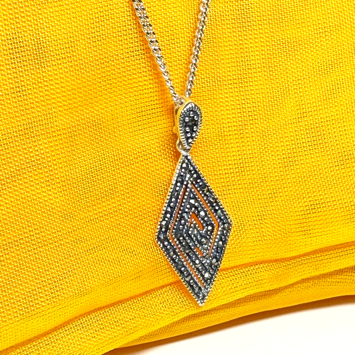Real marcasite kite shaped necklace sterling silver pendant including a chain