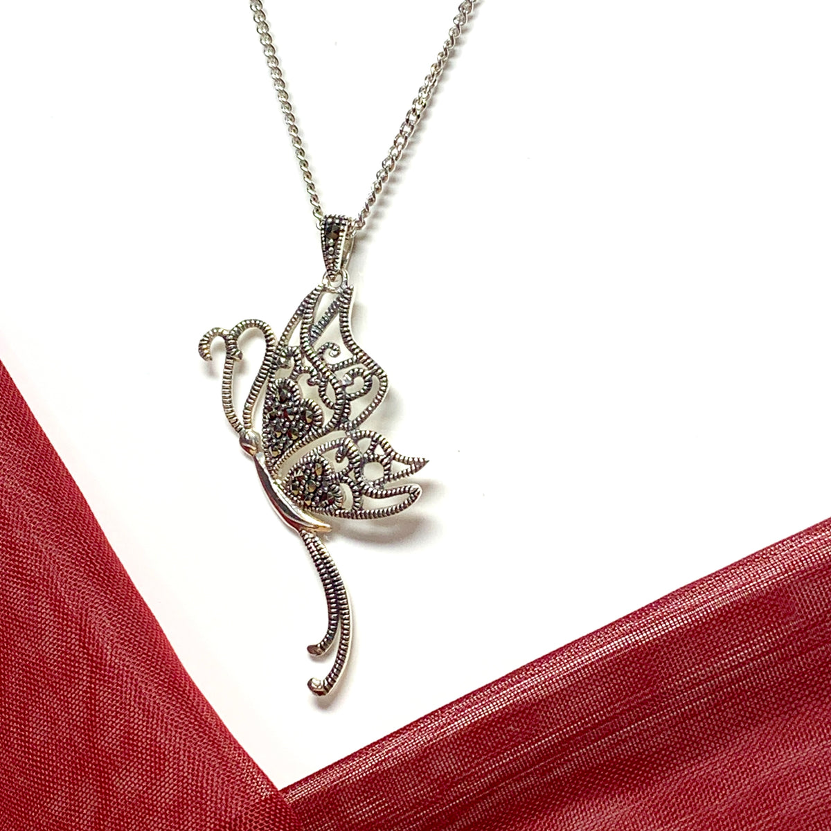 Real marcasite large butterfly shaped drop necklace sterling silver pendant