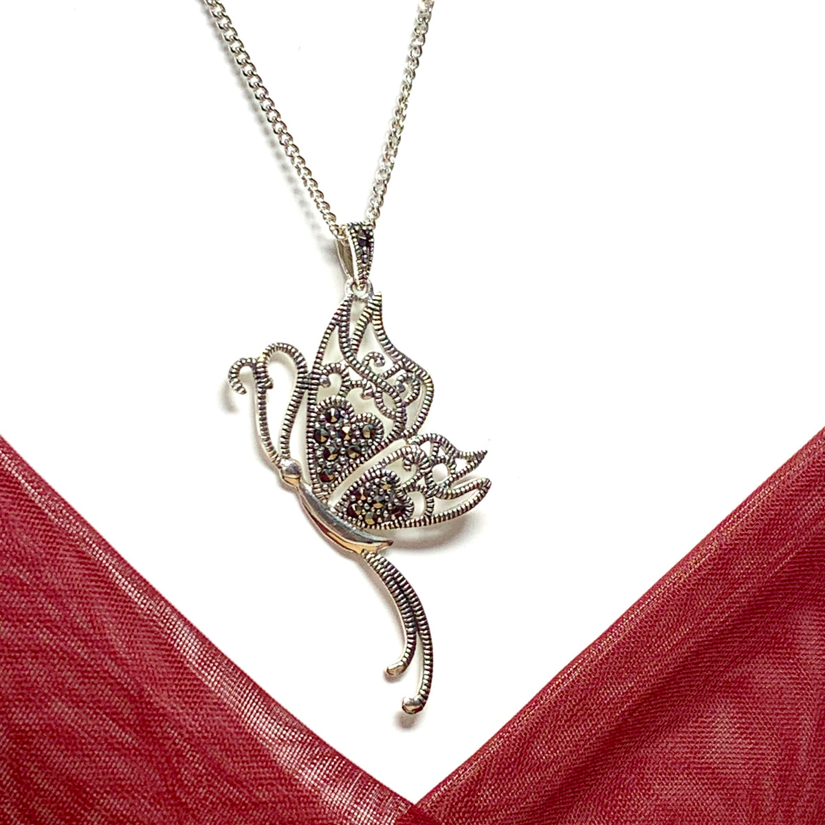 Real marcasite large butterfly shaped drop necklace sterling silver pendant