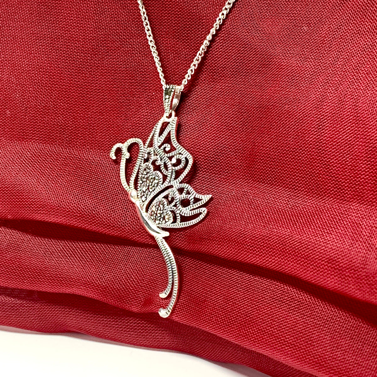 Real marcasite large butterfly shaped drop necklace sterling silver pendant