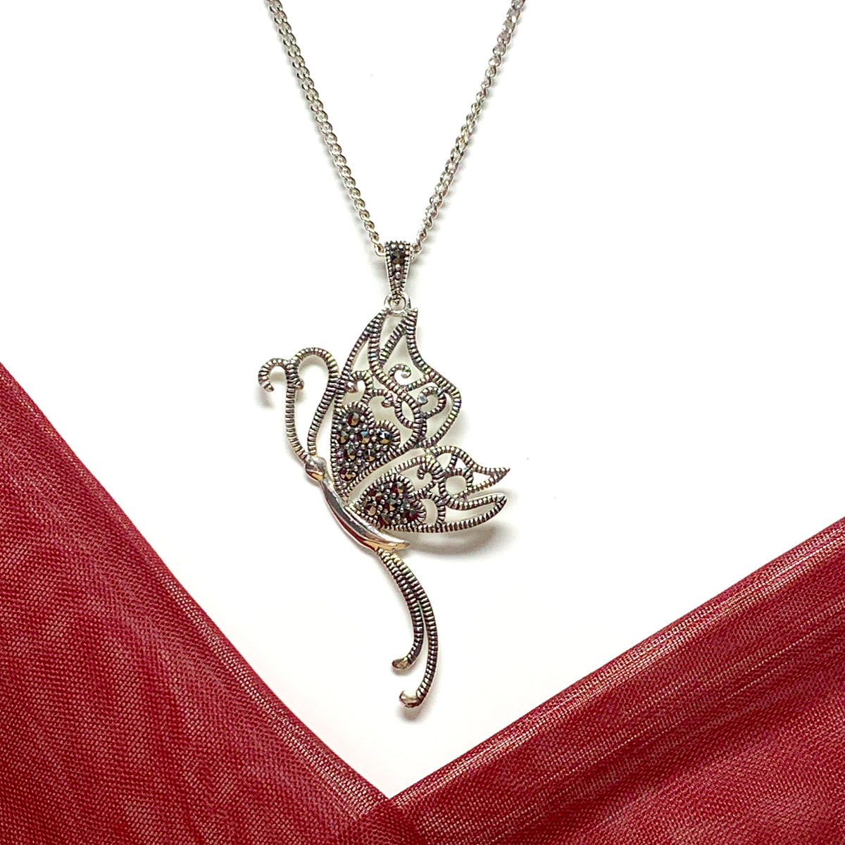 Real marcasite large butterfly shaped drop necklace sterling silver pendant