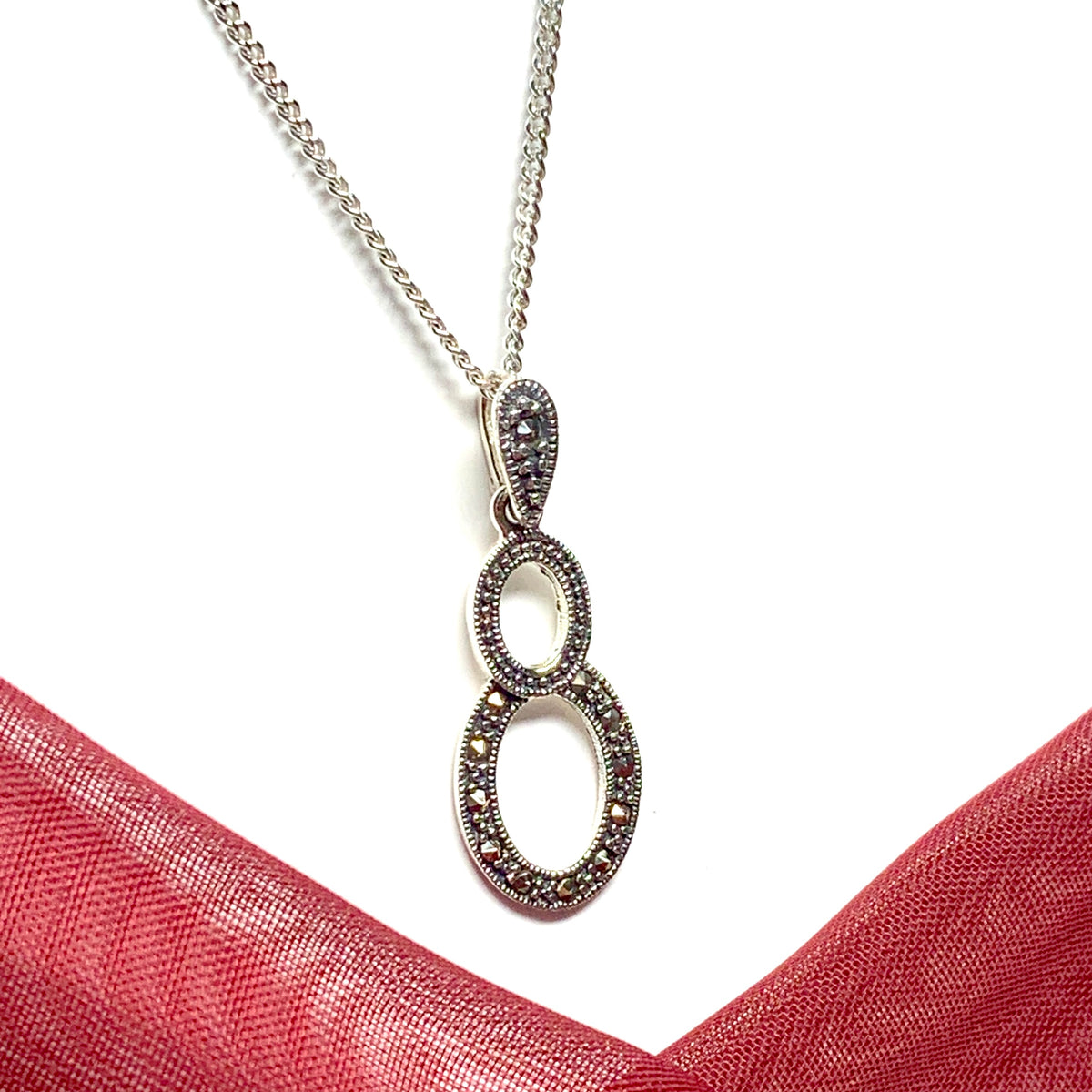 Real marcasite necklace double oval shaped sterling silver pendant