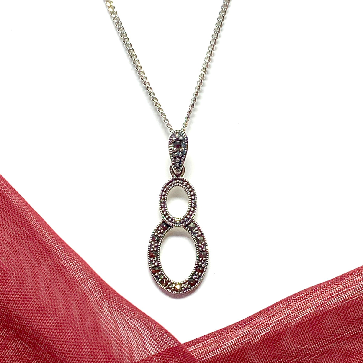 Real marcasite necklace double oval shaped sterling silver pendant