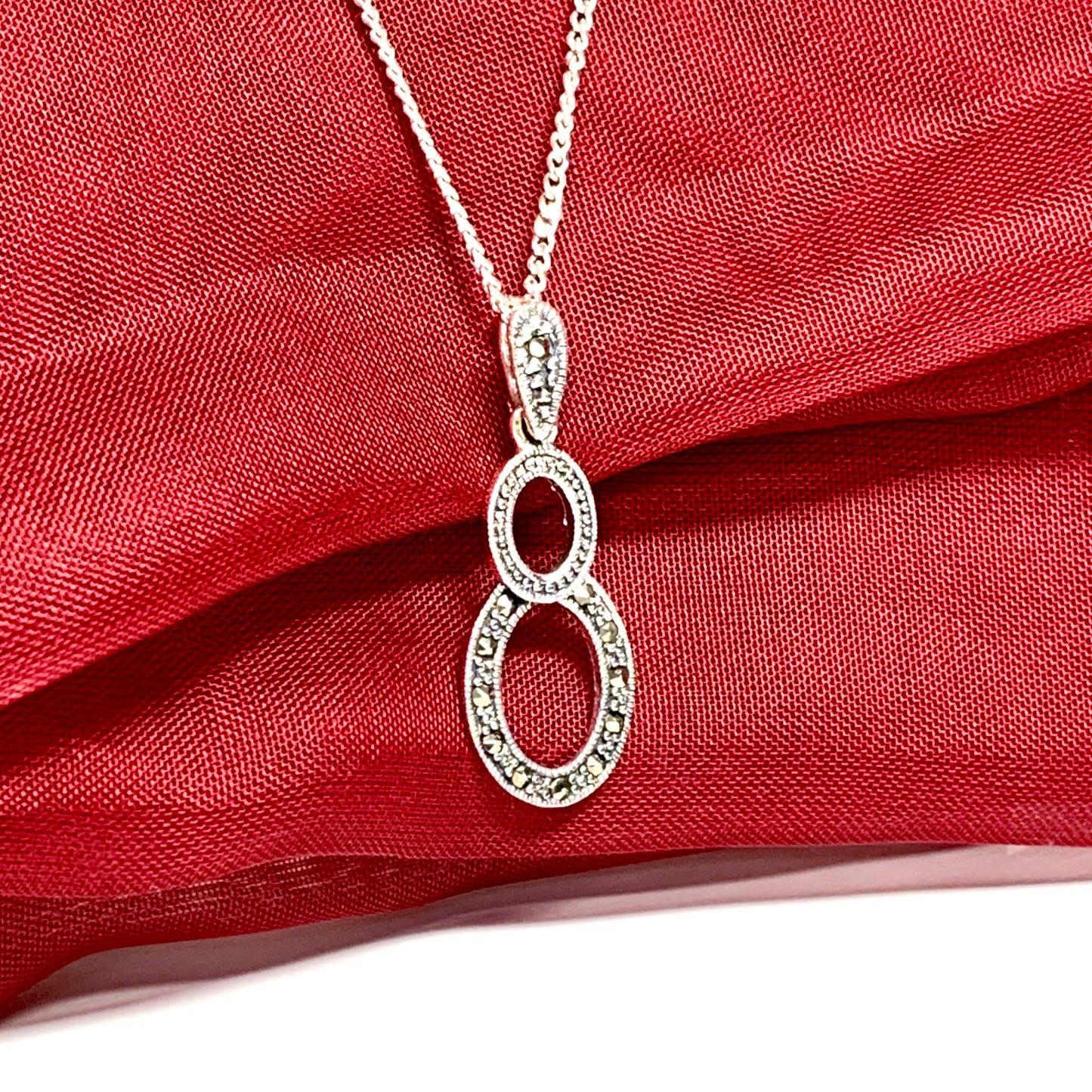 Real marcasite necklace double oval shaped sterling silver pendant