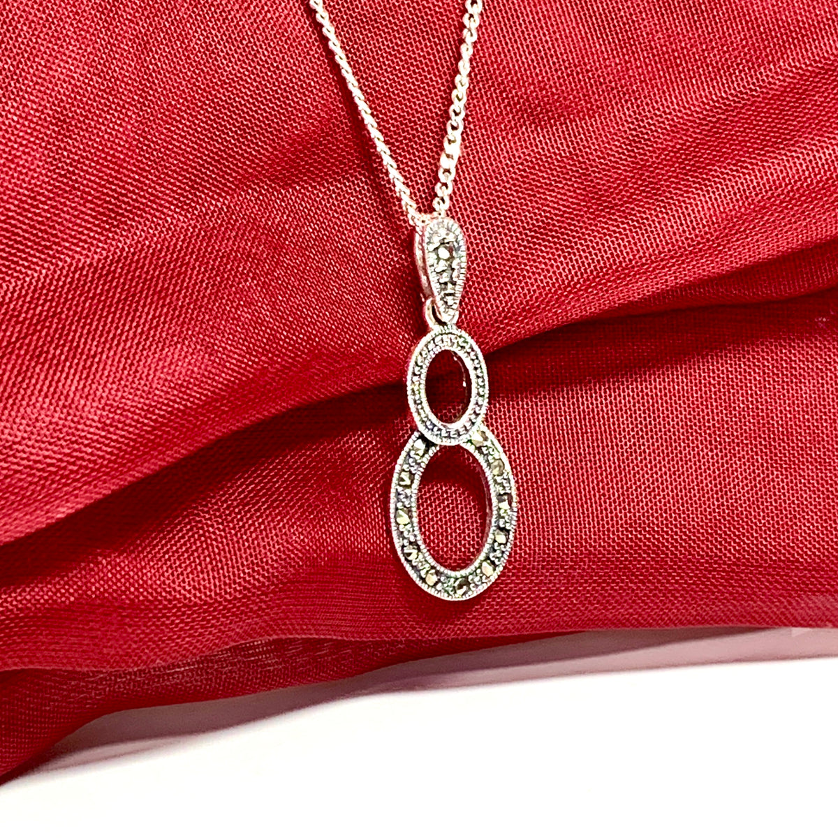 Real marcasite necklace double oval shaped sterling silver pendant