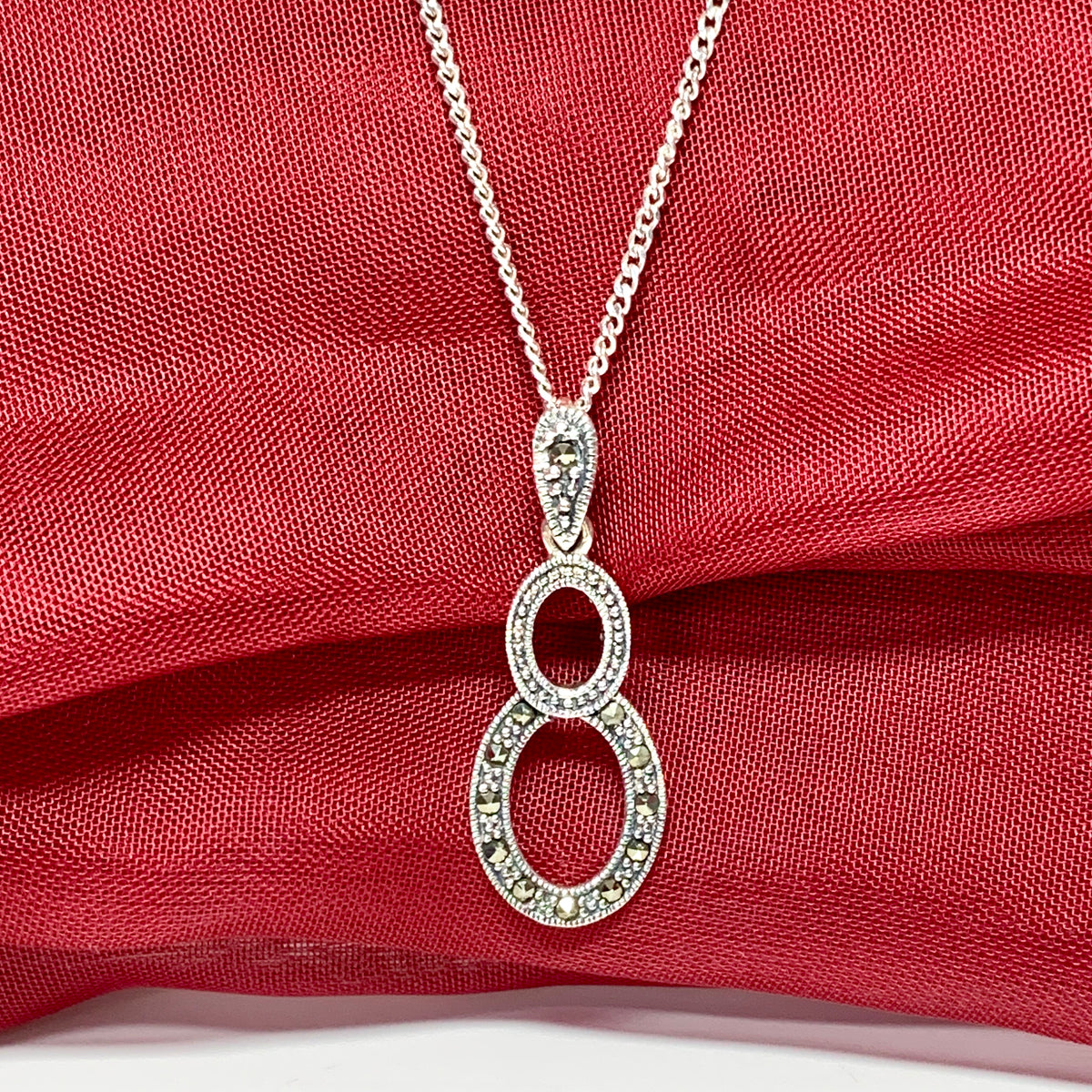 Real marcasite necklace double oval shaped sterling silver pendant