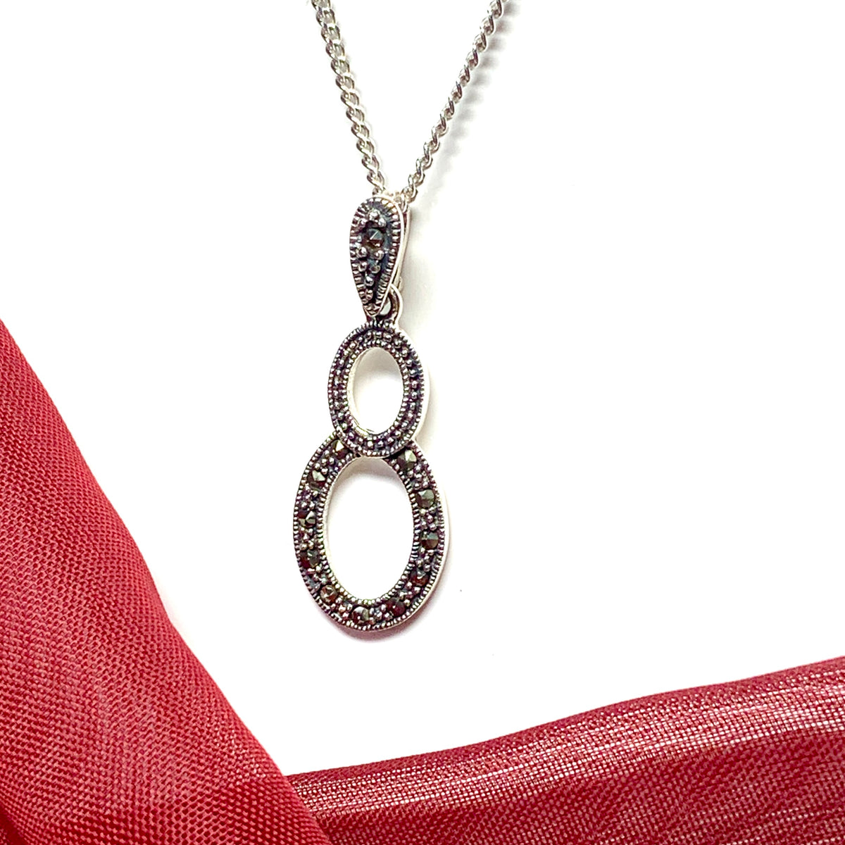 Real marcasite necklace double oval shaped sterling silver pendant Including chain