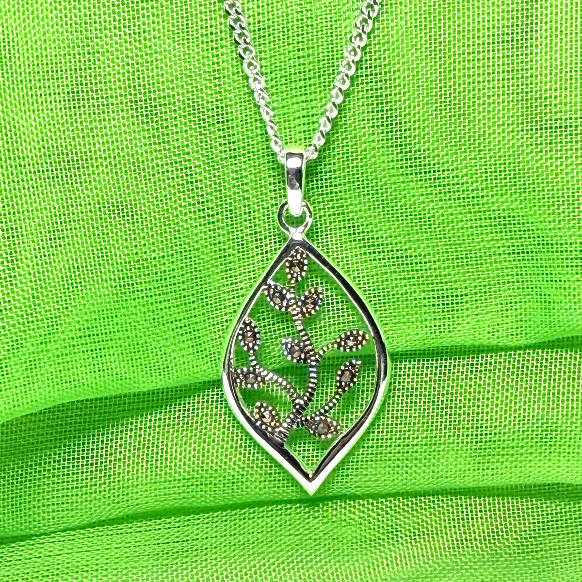 Real marcasite necklace marquise shaped sterling silver leaf designed pendant