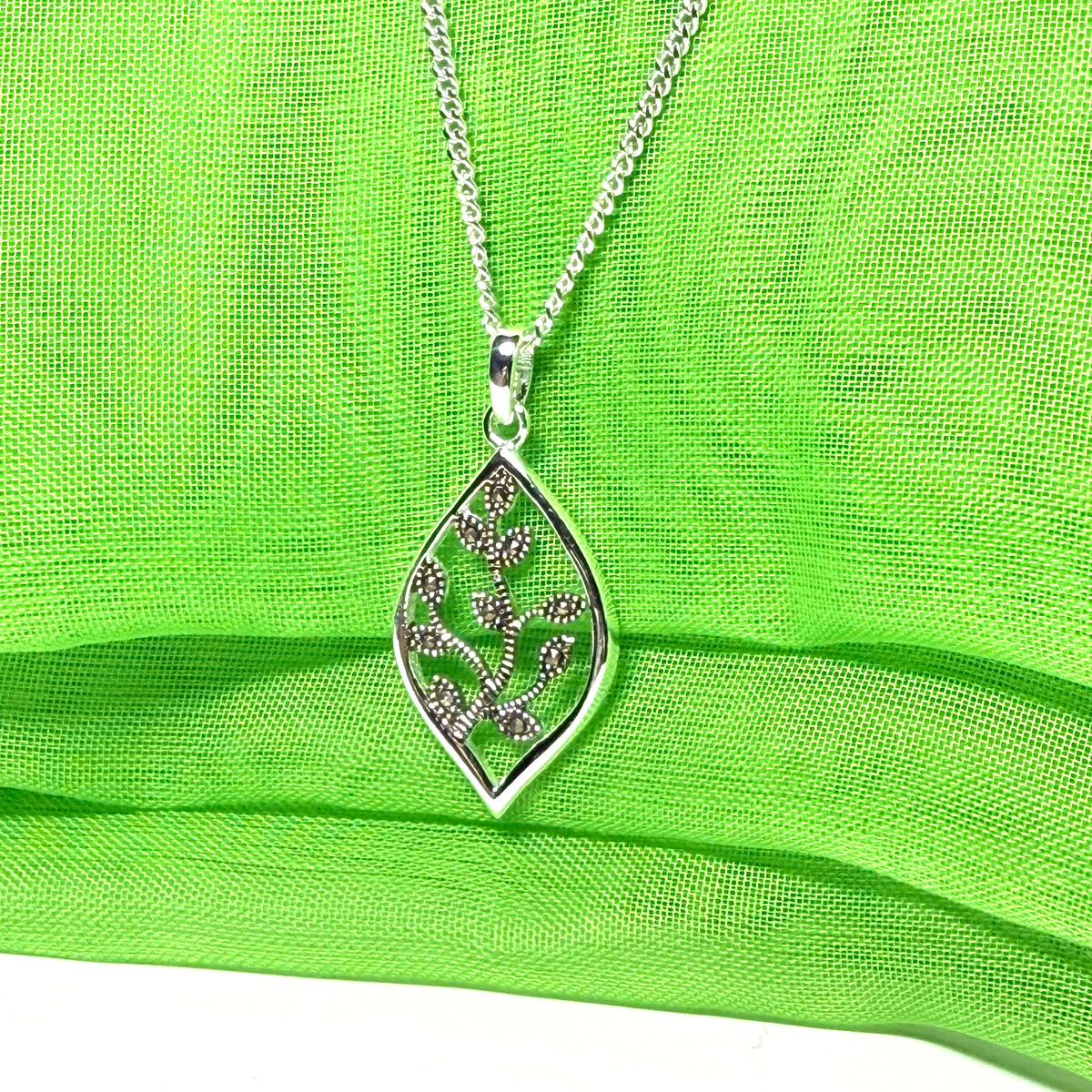 Real marcasite necklace marquise shaped sterling silver leaf designed pendant