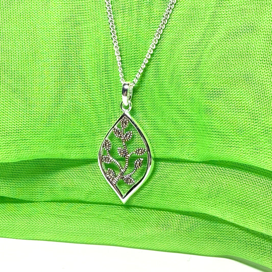Real marcasite necklace marquise shaped sterling silver leaf designed pendant