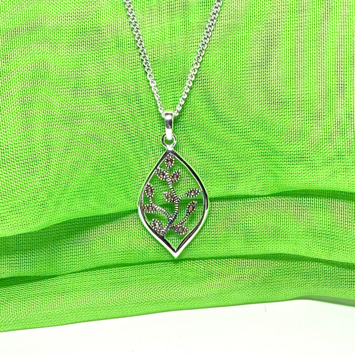 Real marcasite necklace marquise shaped sterling silver leaf designed pendant