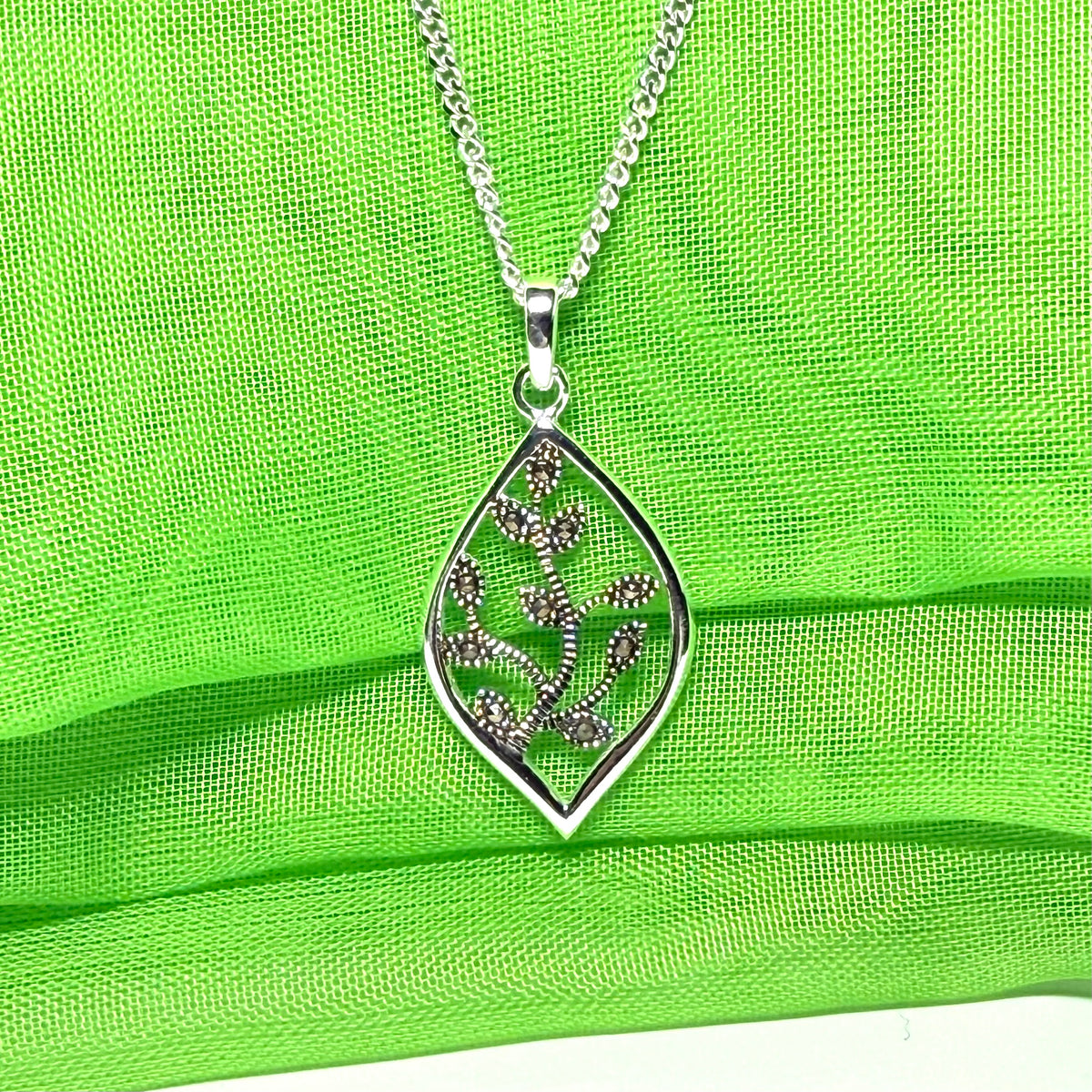 Real marcasite necklace marquise shaped sterling silver leaf designed pendant