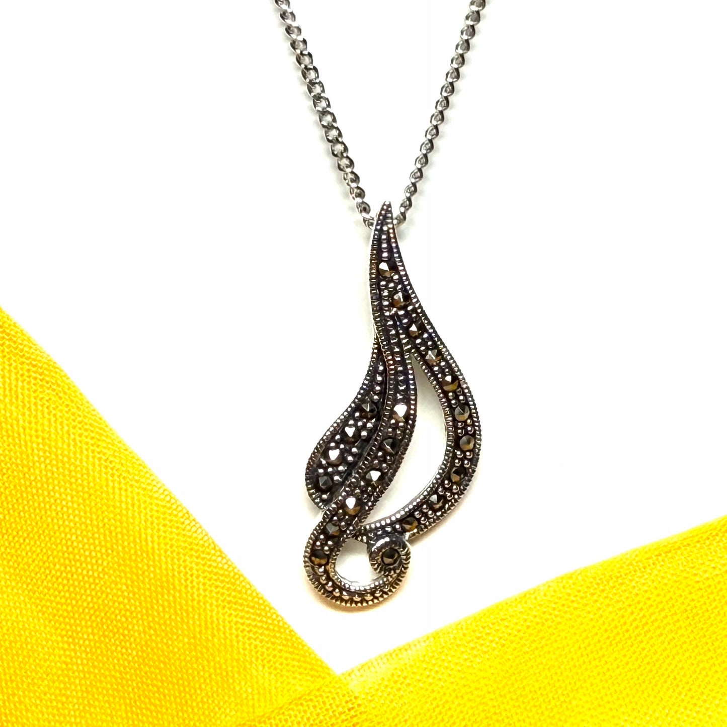 Real marcasite necklace open swirl shaped sterling silver pendant including chain