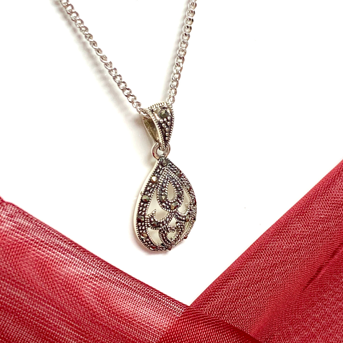 Real marcasite necklace pear or teardrop shaped sterling silver pendant
