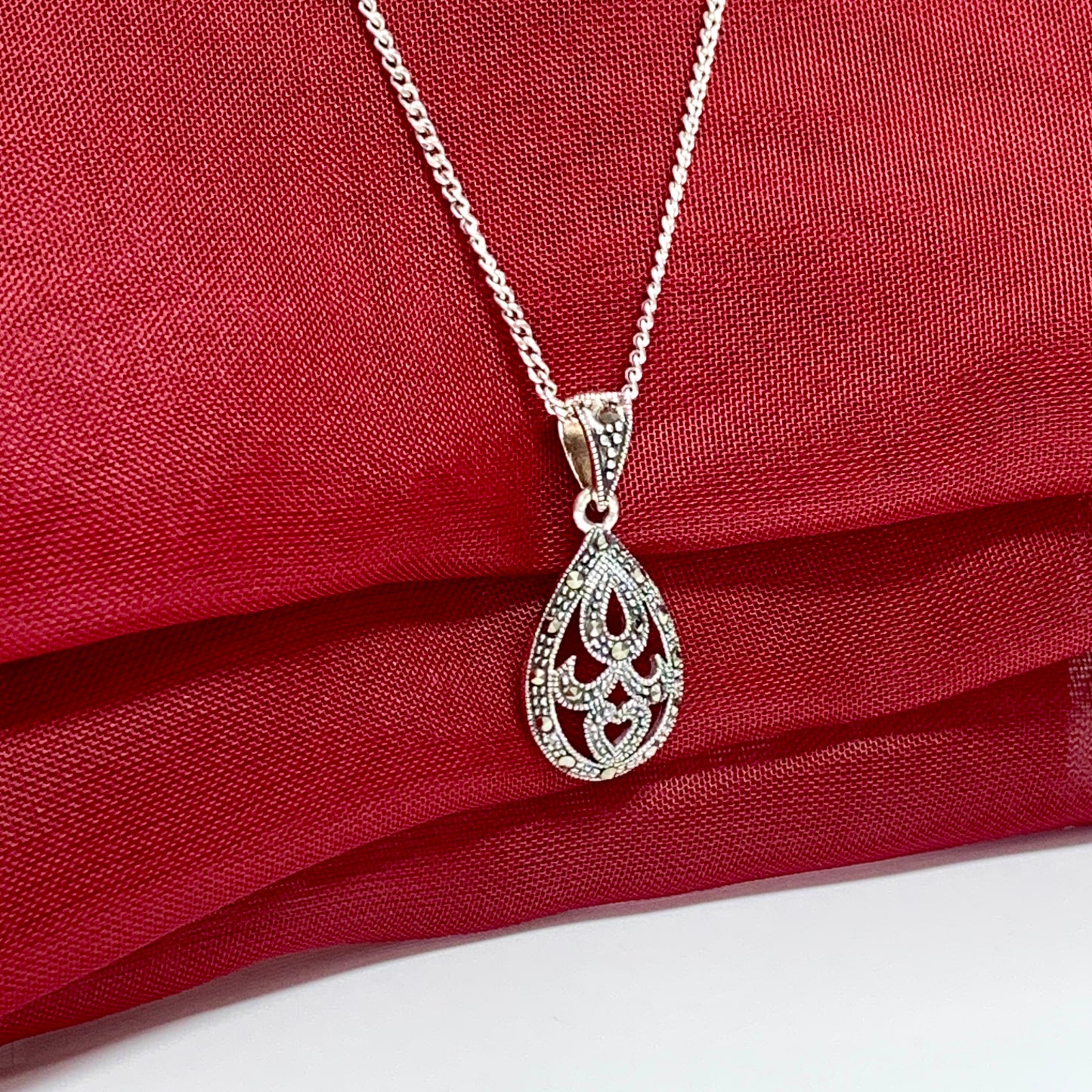 Real marcasite necklace pear or teardrop shaped sterling silver pendant