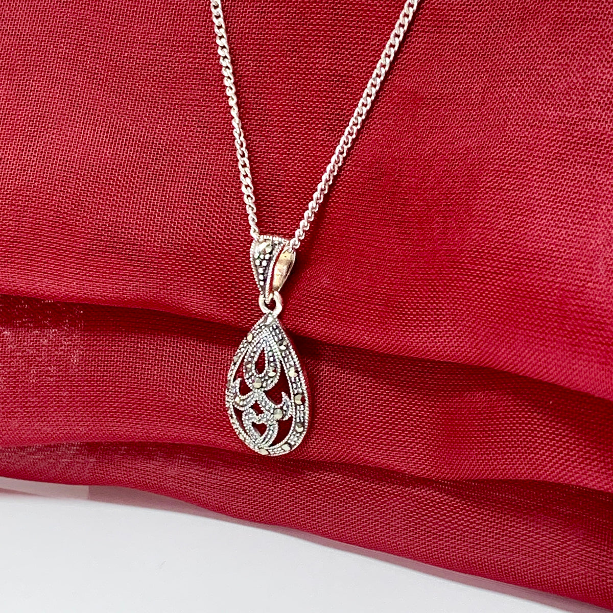 Real marcasite necklace pear or teardrop shaped sterling silver pendant