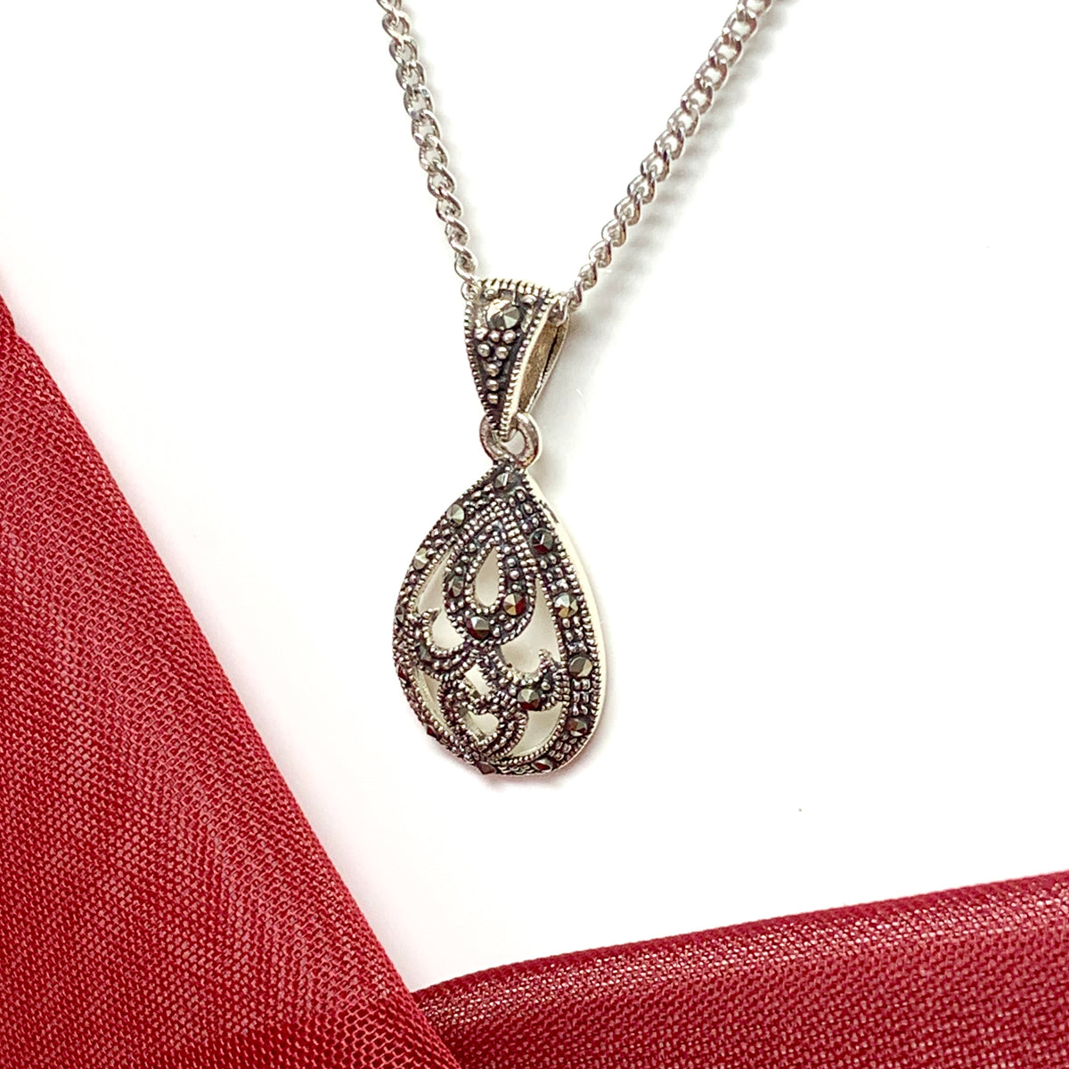 Real marcasite necklace pear or teardrop shaped sterling silver pendant