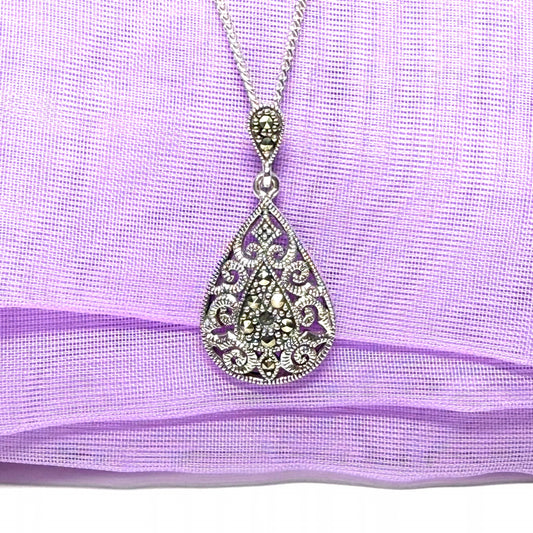 Real marcasite necklace pear shaped sterling silver pendant including chain