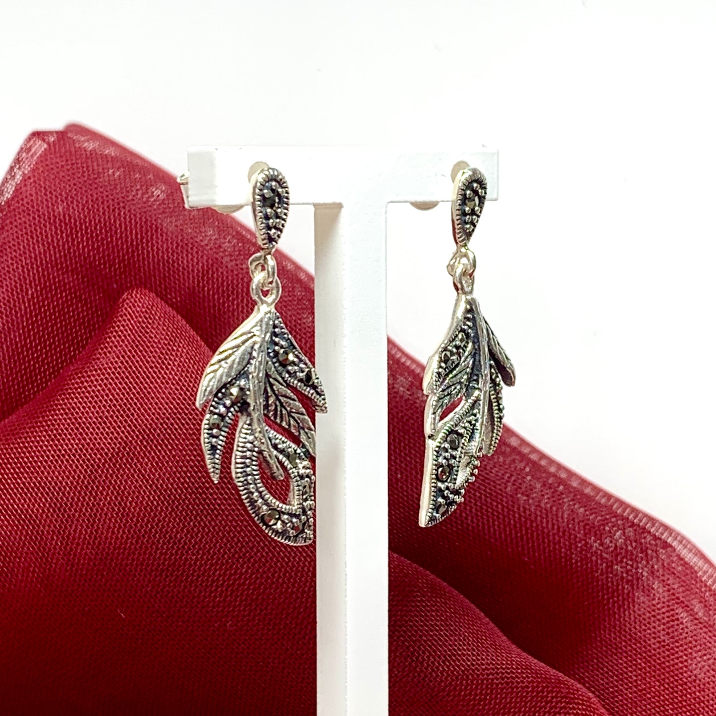 Real marcasite silver fancy spray drop large drop earrings