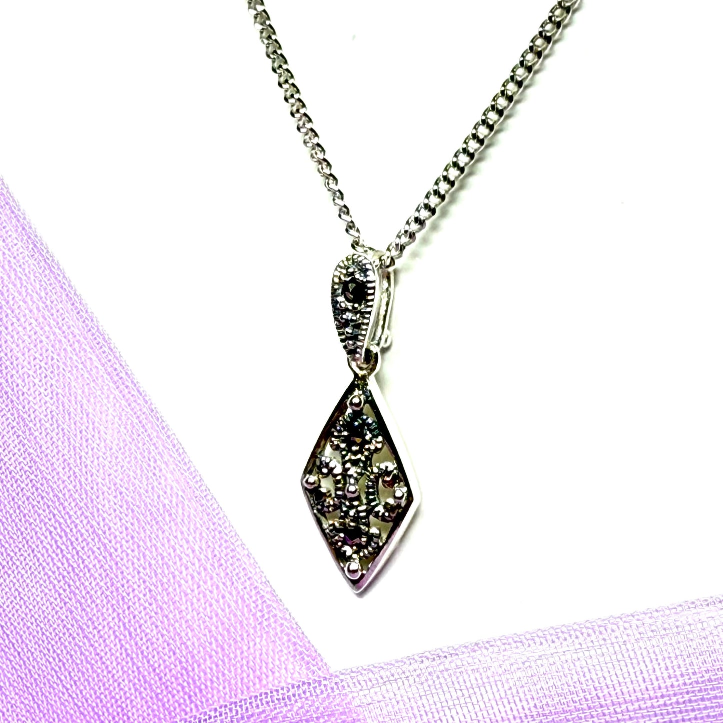 Real marcasite small delicate kite shaped necklace sterling silver pendant including a chain