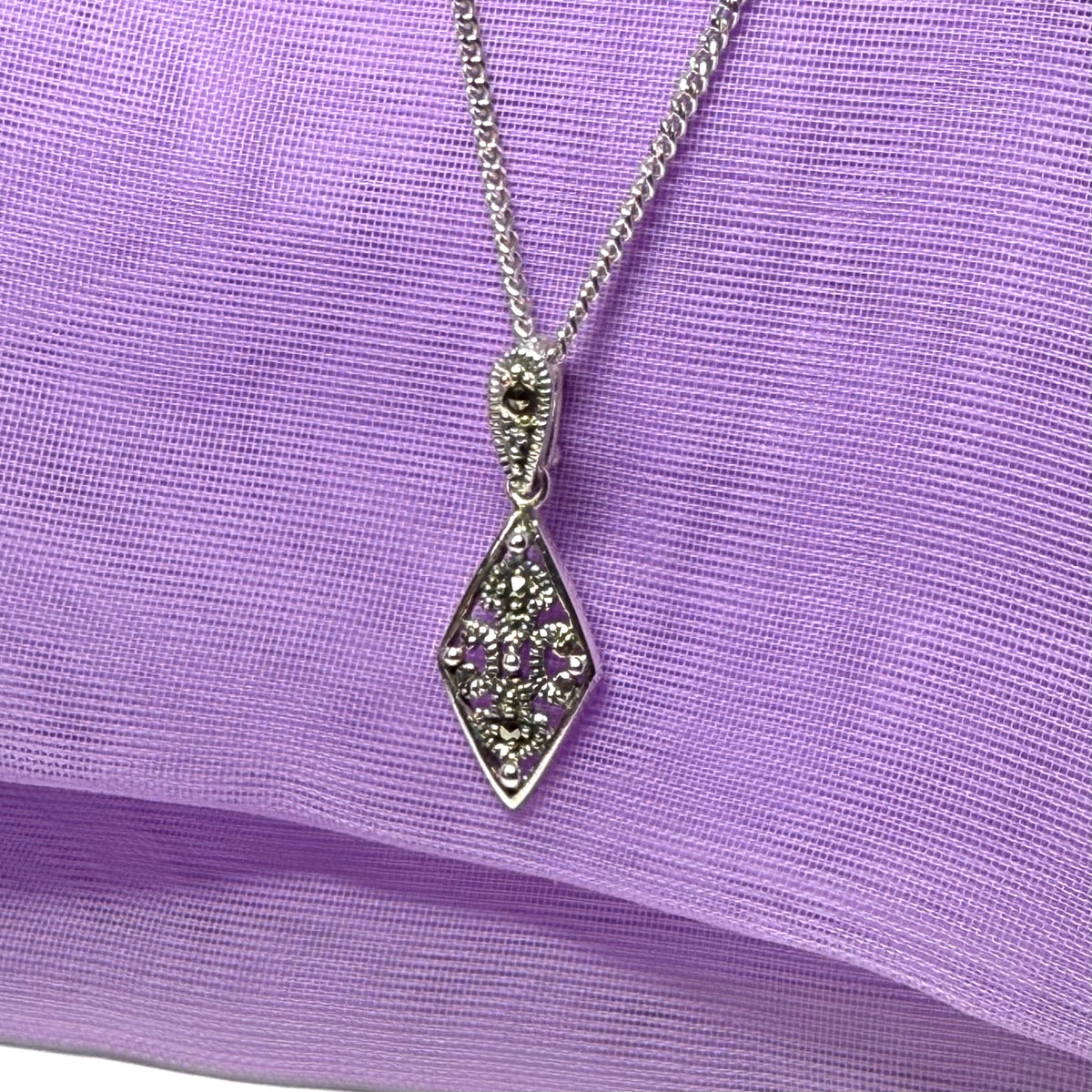 Real marcasite small delicate kite shaped necklace sterling silver pendant including a chain