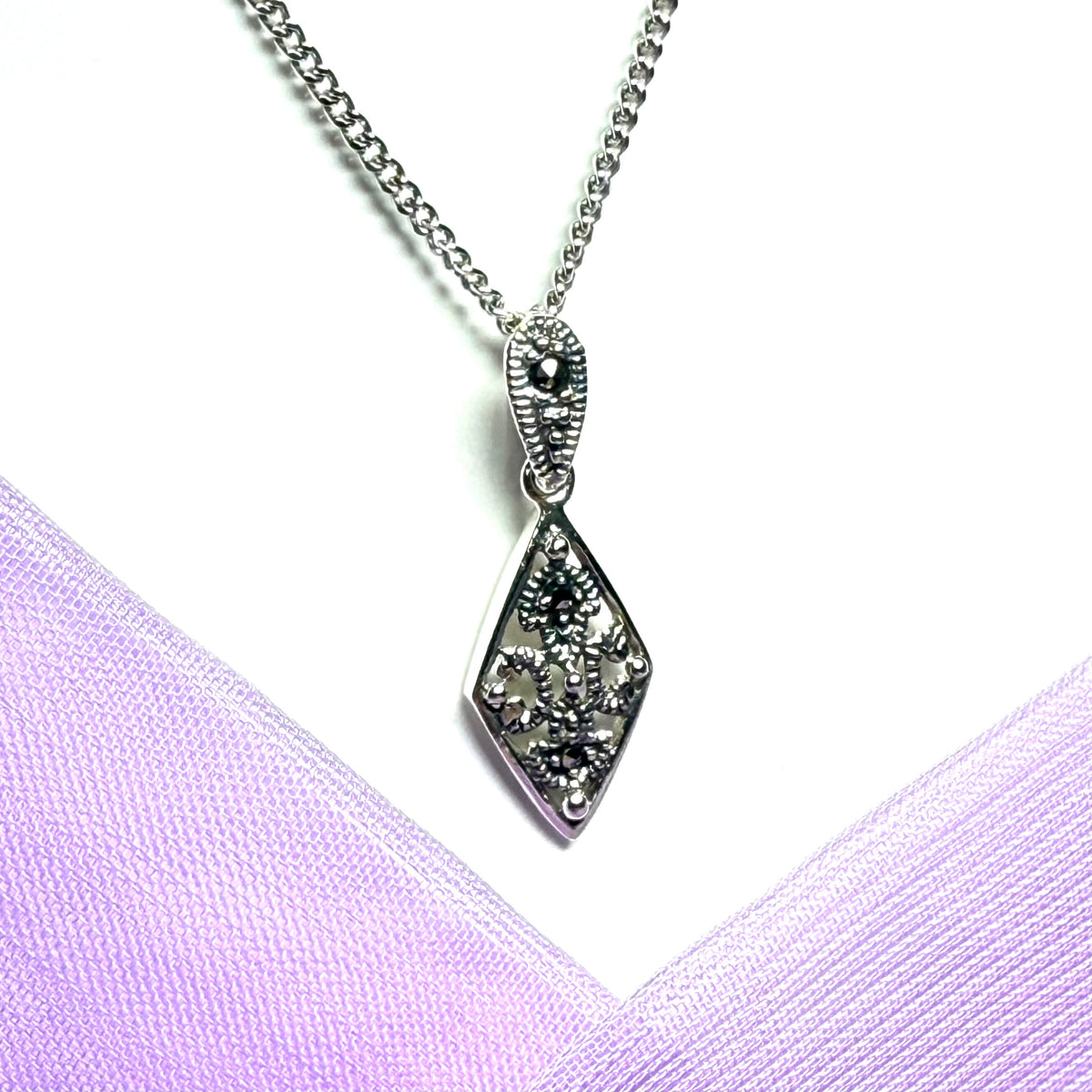 Real marcasite small delicate kite shaped necklace sterling silver pendant including a chain