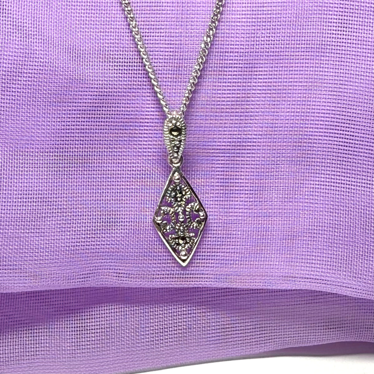 Real marcasite small delicate kite shaped necklace sterling silver pendant including a chain