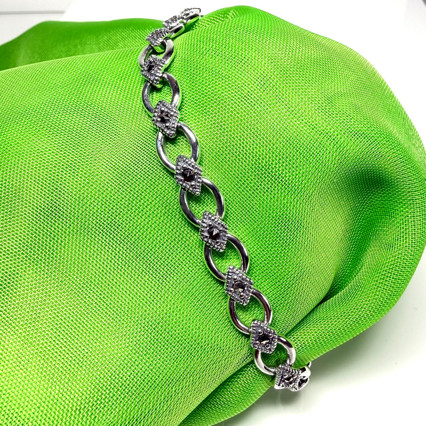 Real marcasite sterling silver bracelet open oval and diamond shaped