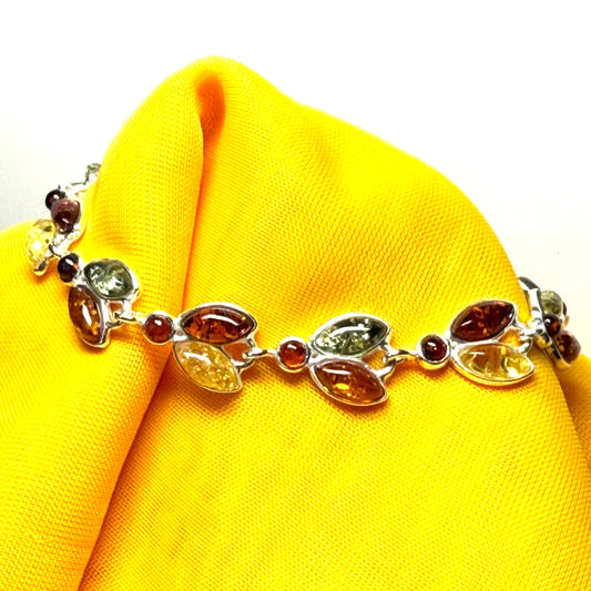 Real multicoloured amber petal leaf shaped bracelet sterling silver