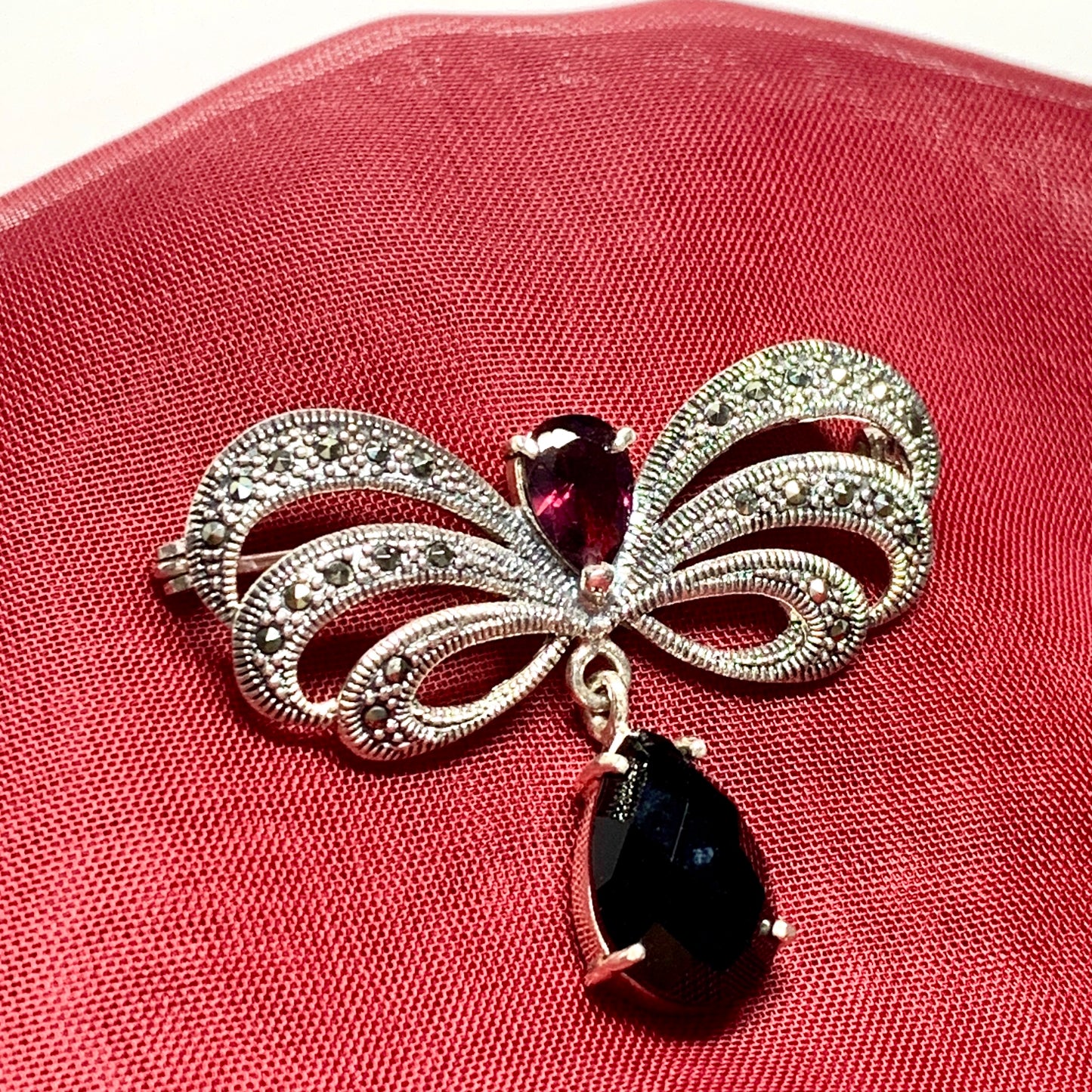 Real onyx, real garnet and real marcasite large brooch sterling silver bow designed