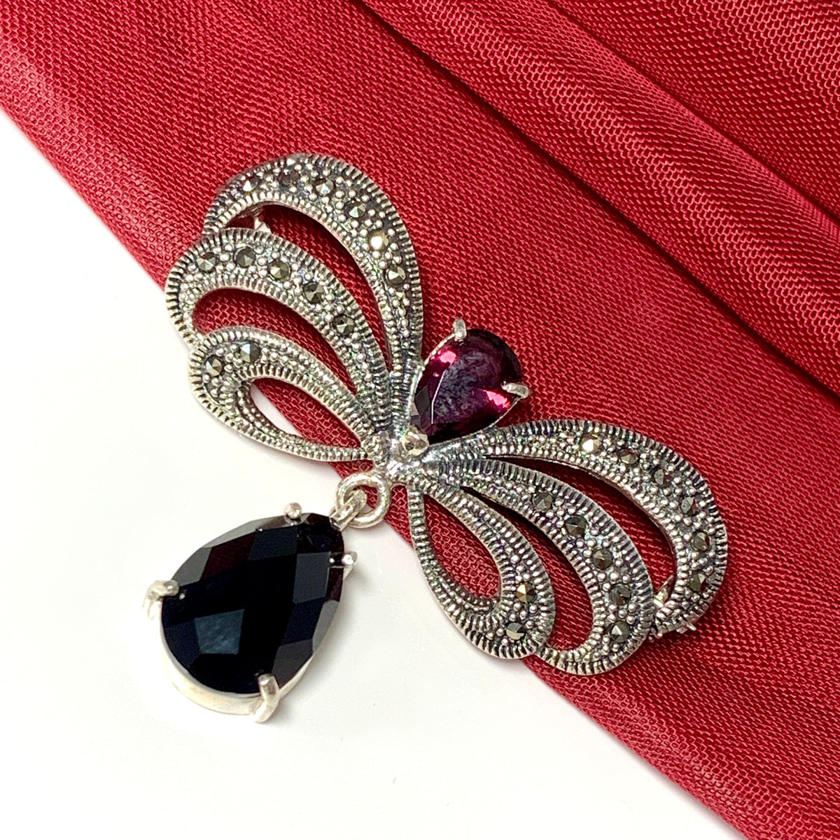 Real onyx, real garnet and real marcasite large brooch sterling silver bow designed