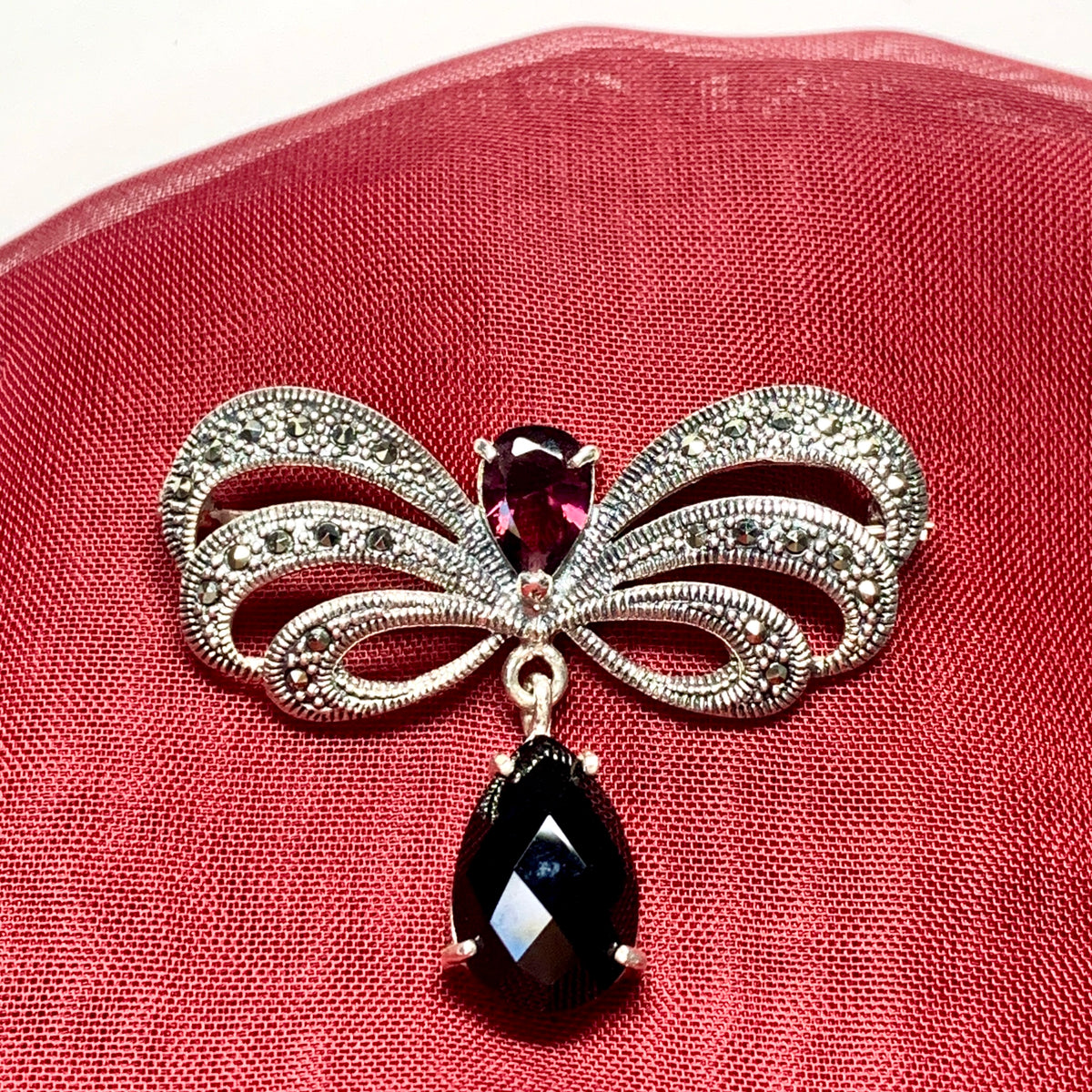 Real onyx, real garnet and real marcasite large brooch sterling silver bow designed