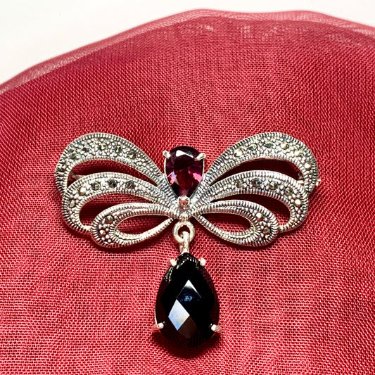 Real onyx, real garnet and real marcasite large brooch sterling silver bow designed