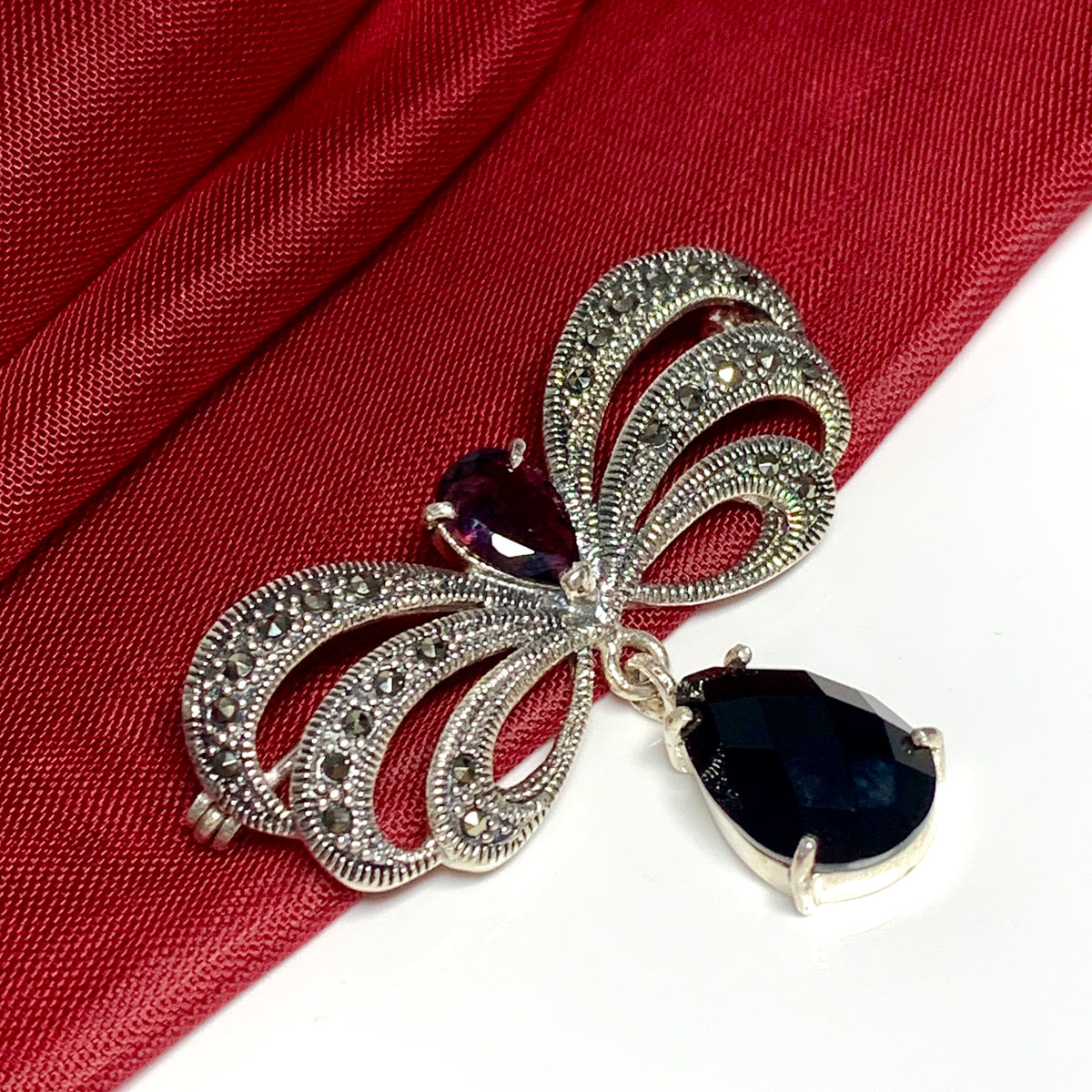 Real onyx, real garnet and real marcasite large brooch sterling silver bow designed