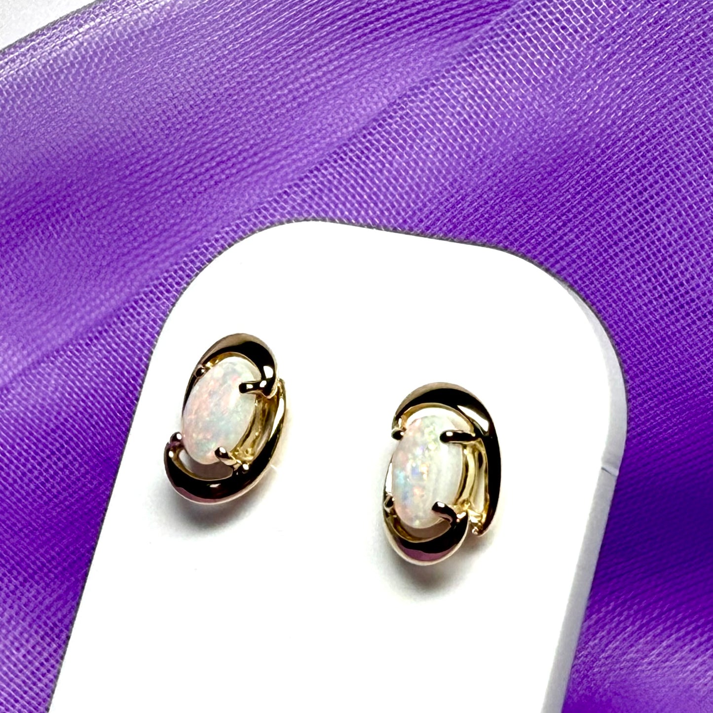 Real opal yellow gold fancy oval stud earrings