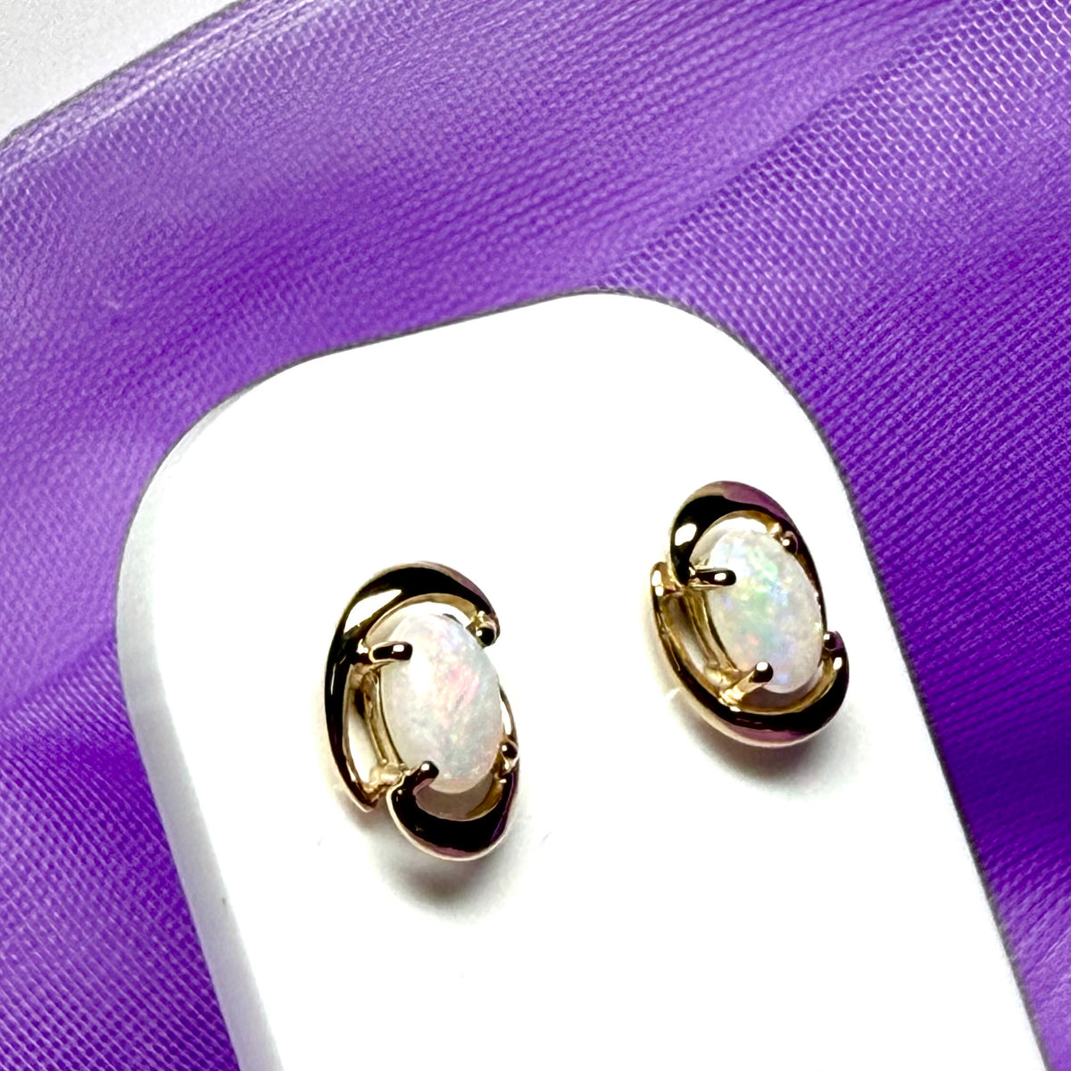 Real opal yellow gold fancy oval stud earrings
