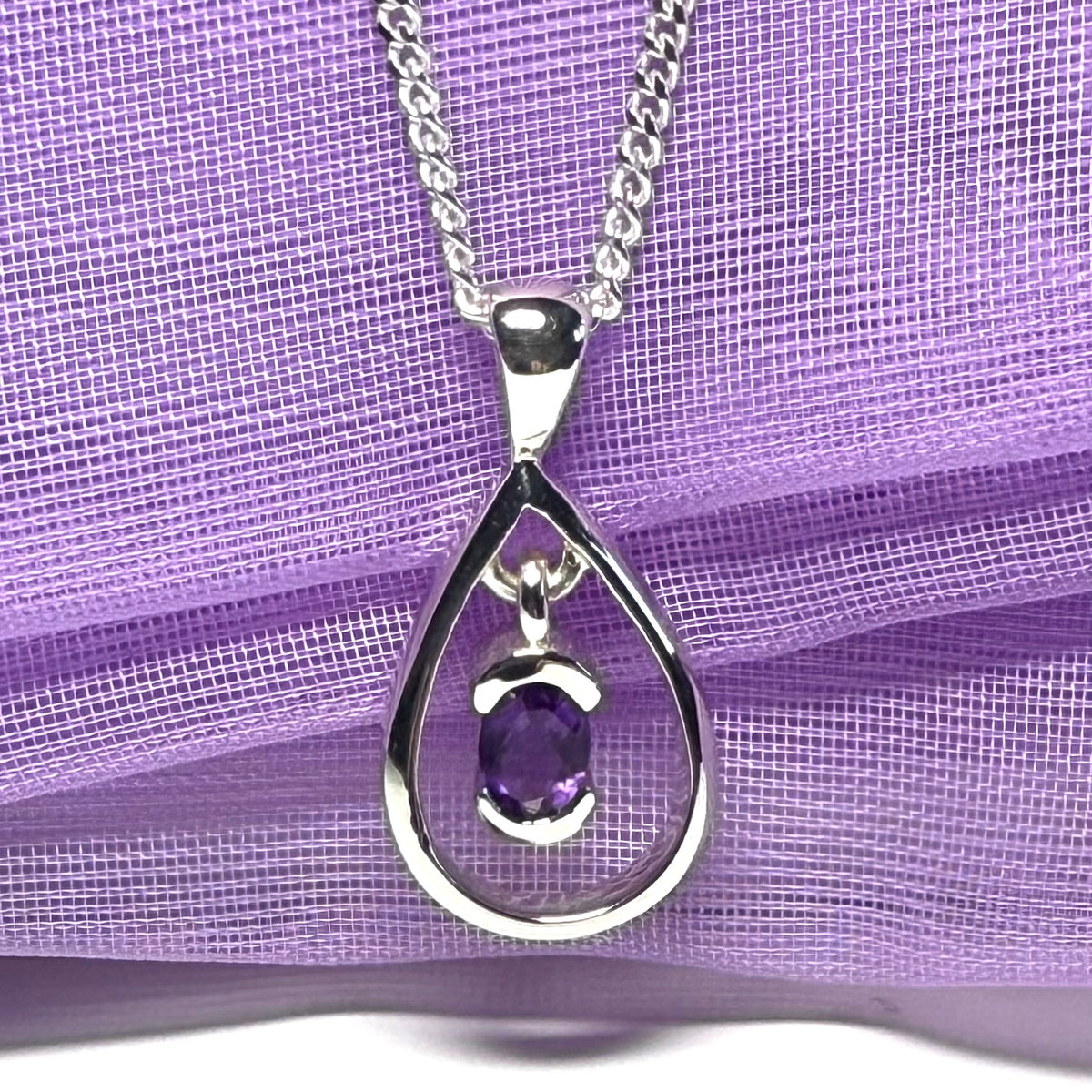 Real oval amethyst necklace sterling silver open pear shaped pendant