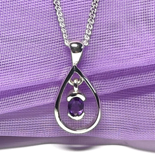 Real oval amethyst necklace sterling silver open pear shaped pendant